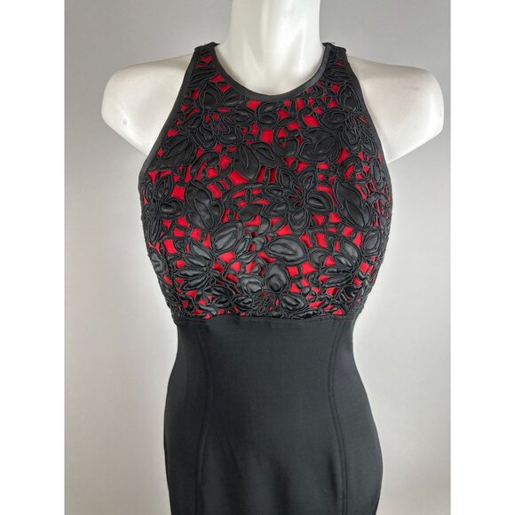 Vtg 90s Tadashi Black Red Halter Empire Waist Slit Bodycon Maxi Dress Size 8 - Picture 3 of 8